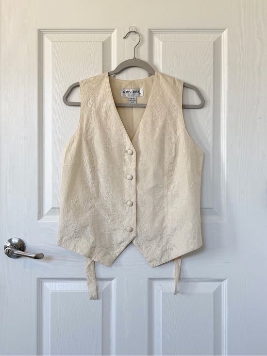 Vintage Jackets & Blazers - 90’s Vintage 100% Silk Floral Jacquard Vest with Fabric Buttons and Tie Back